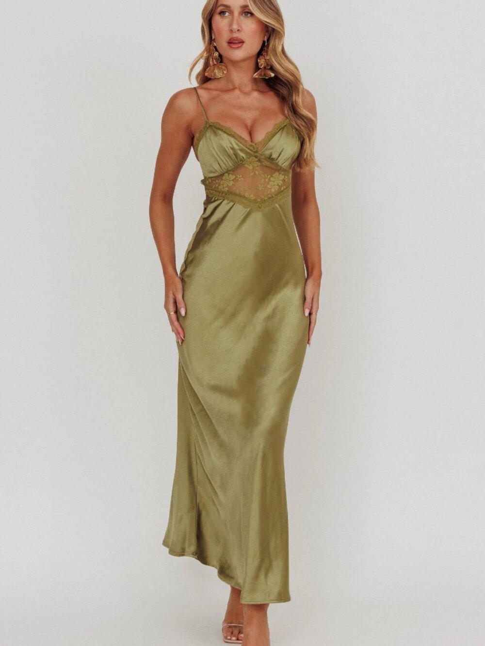 Saints and Secrets by Selfie Leslie Her Theory Lace Trim Maxi Dress Olive US Sz8